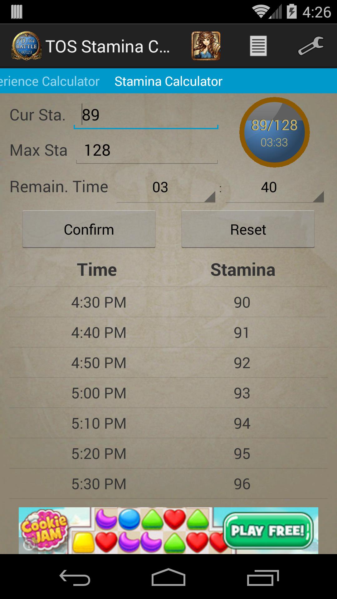 TOS Stamina Calculator